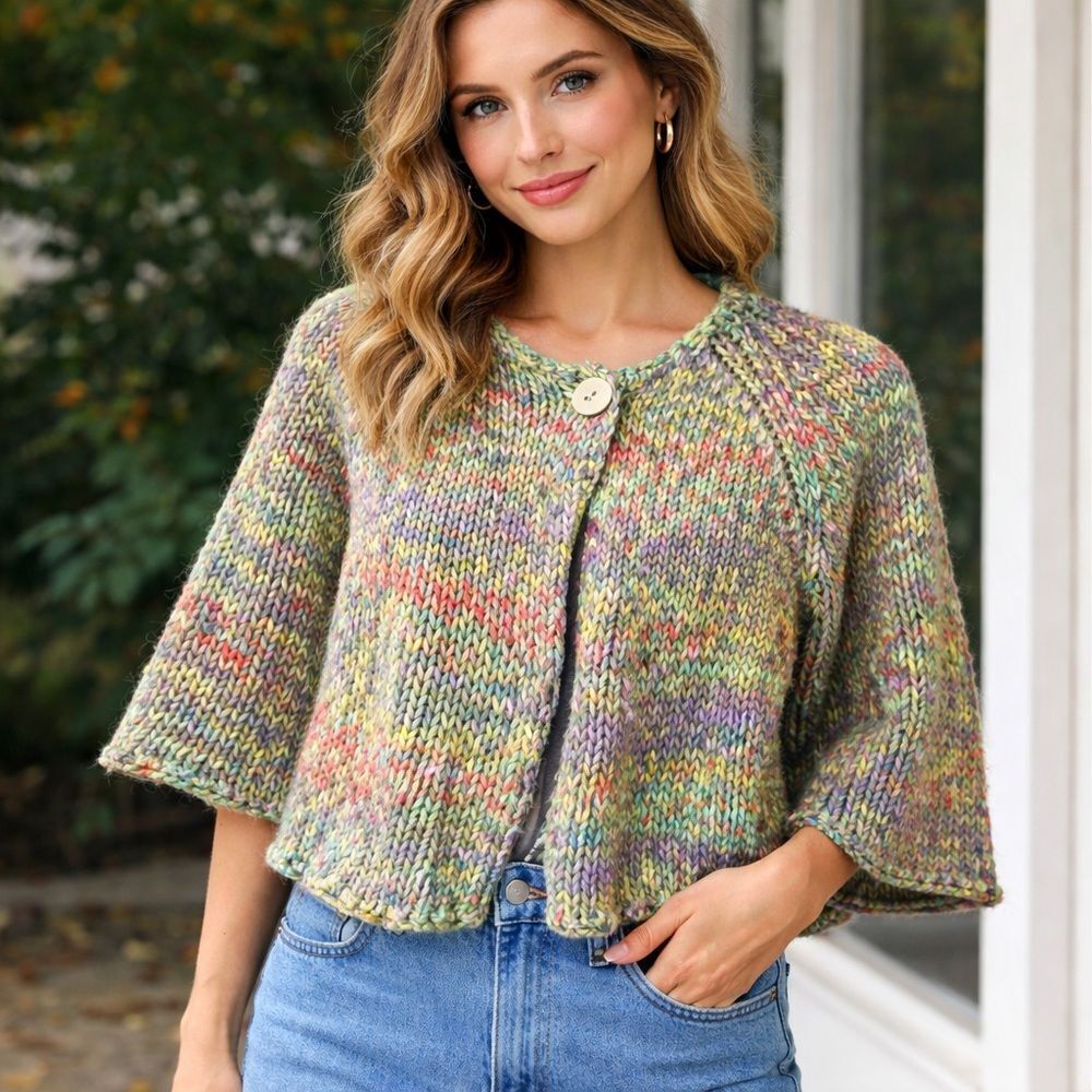 Women’s Chunky Cropped Boxy Boho Cardigan Sweater Short Sleeve Size Large Petite